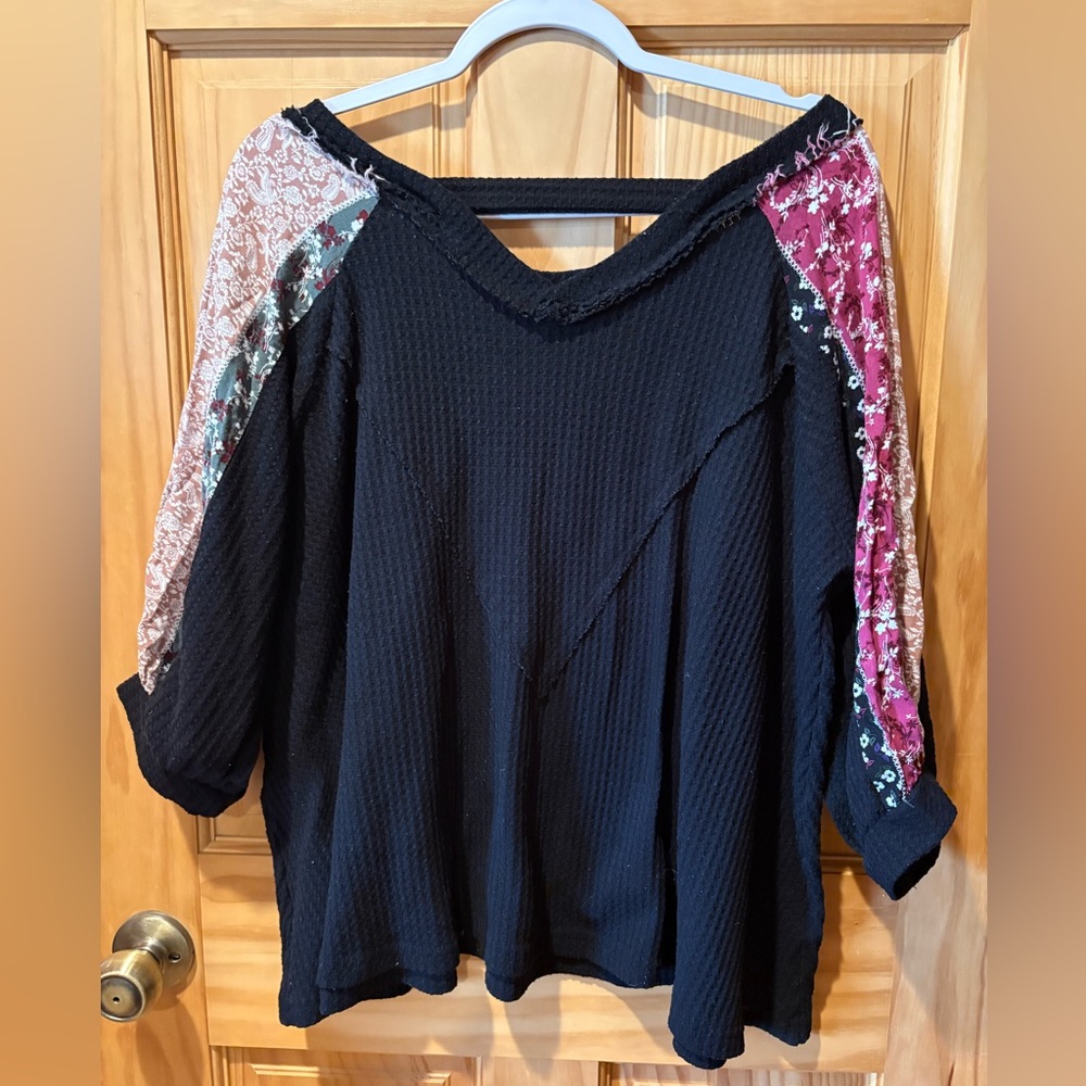 Pol Thermal Waffle Knit Patchwork Long Sleeve Top… - image 2